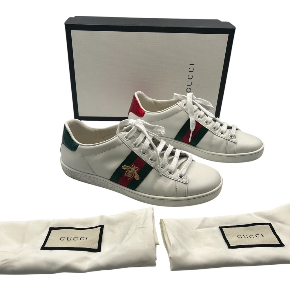 Gucci Ace Bee Web Low Top Leather Sneakers Shoes White Size EU 36.5 / US 6.5